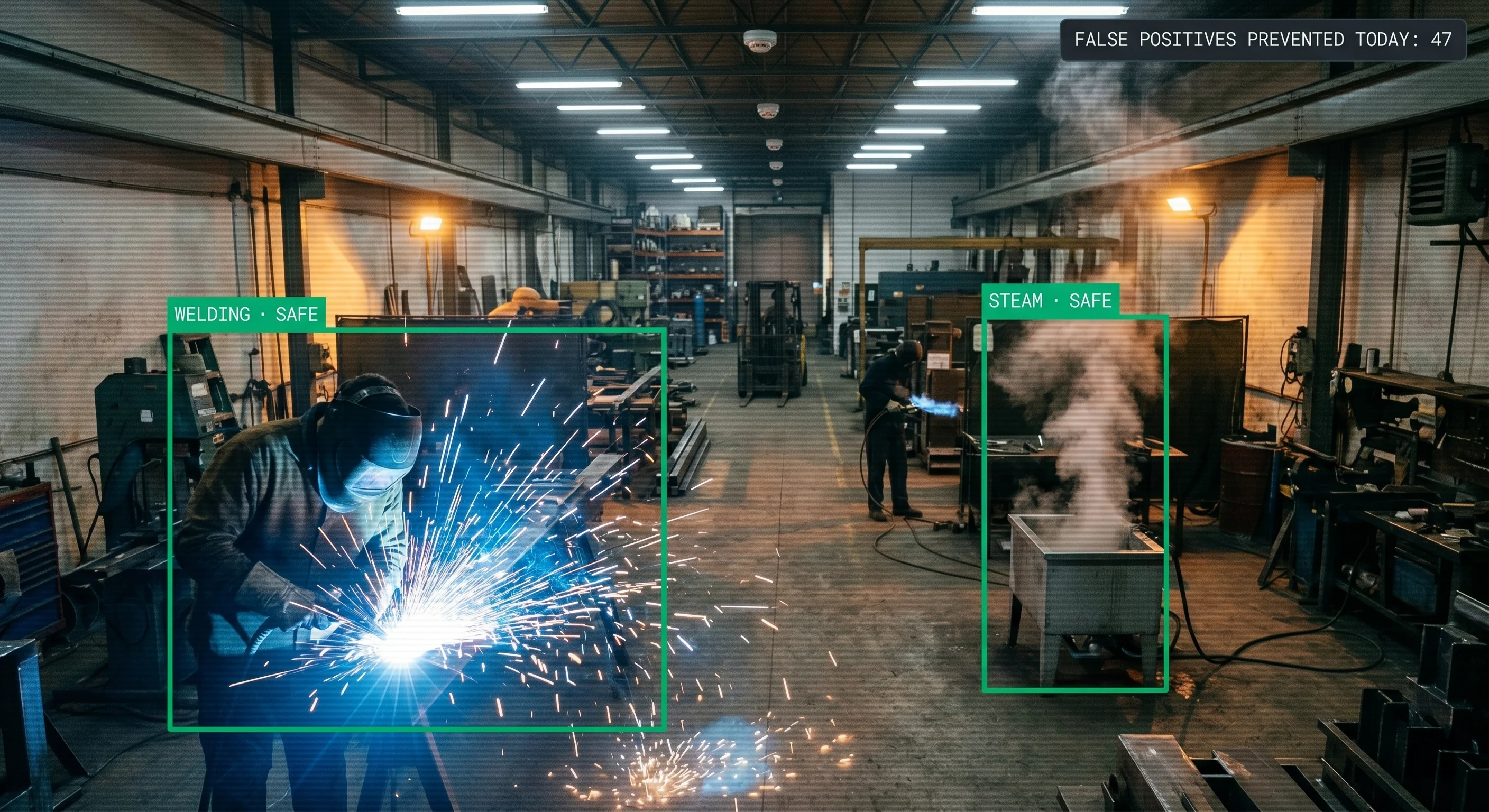 AI distinguishing genuine smoke from welding sparks and steam — surgical accuracy